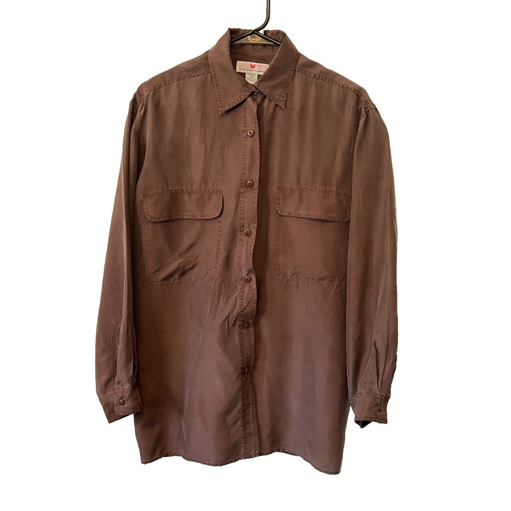Vintage Stunt Collections Brown Silk Long Sleeve Shirt Blouse Size Small